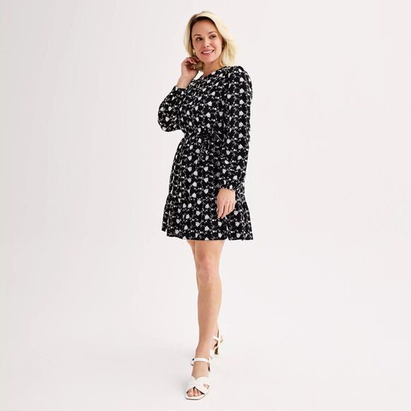 Draper James Women's Embroidered Long Sleeve Short Dress in Black & White Size M - Picture 2 of 16